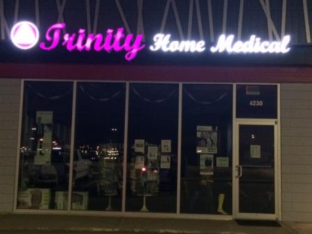 Our sign at night facing Whitemud Trinity Home Medical Edmonton (780)462-0009