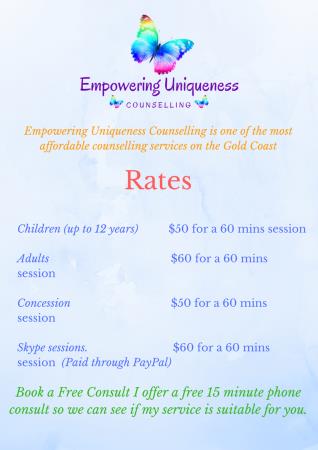 Our counselling rates mudgeeraba Empower Uniqueness Counselling Mudgeeraba 0447 554 528