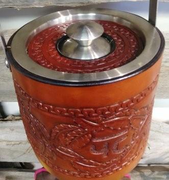 custom leather carved ice bucket cover. James Built Saddlery Tofield (780)662-4980
