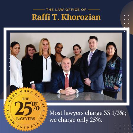 law offices of raffi t. khorozian, the 25% lawyers.
most lawyers charge 33 1/3%, we charge only 25% Law Offices of Raffi T. Khorozian, P.C. Fort Lee (201)341-5691