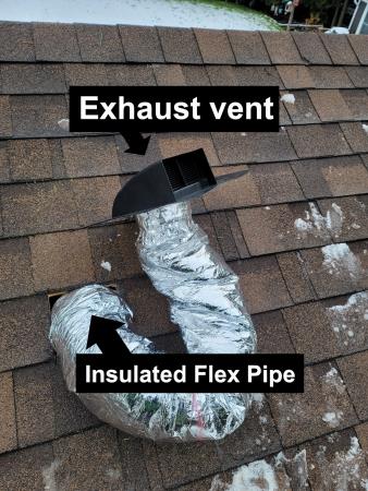 exhaust roof vent installation and connection of the insulated flex pipe to the roof exhaust vent - roofing bathroom exhaust vent connected to insulated flex pipe Toronto Roof Repairs Inc | Roofing Company | Shingle Roof Repair | Roof Replacement Mississauga (416)247-2769