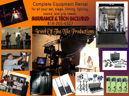 Los Angeles film equipment rental, grip, gaffer, lights, sound, crew, techs, DOP Jewel Of The Nile Productions Los Angeles (818)623-6630