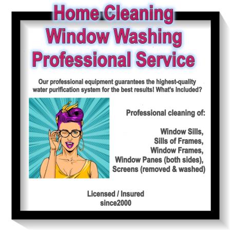 professional window washing service – we use soft water equipment for the best results!
what's included?

window sills
sills of frames
window frames
window panes (both sides)
screens (removed  Pleasant Home Cleaning & Window Washing Service San Clemente (949)592-6253