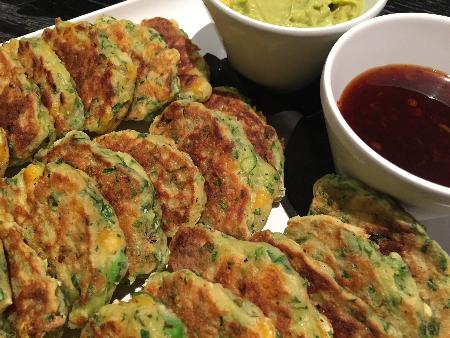 Pea, corn & coriander fritters w avocado sweet chilli salsa Helen's Catering Professionals Gymea 1300435367