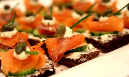 Smoked salmon, creme fraiche & baby caper on pumpernickel Helen's Catering Professionals Gymea 1300435367