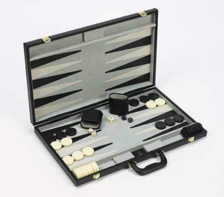 The Tournament Backgammon Set is a leatherette case with luggage handle. The solid brass hardware and felt playing field with leatherette points comes complete with two equal color dice cups, four dice, doubler and instruction booklet.<br><br>30 backgammon checkers<br><br>Size of backgammon checkers: 1 1/2? Diameter X 5/16? Thick.<br><br>Size: 21” x 13” (closed) 21” x 26” (open)<br><br>Interior is velour with leatherette points. Solid brass latches. Quality Games TX Houston (888)886-5834