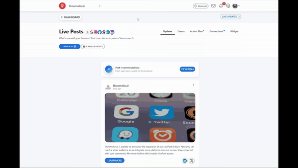 Live Posts dashboard showing how to create and publish a post